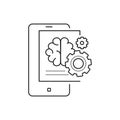 Brainstorming creative idea black line icon. Creative idea sign. Brain and gears in smartphone. Pictogram for web page, mobile app