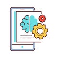 Brainstorming creative idea color line icon. Creative idea sign. Brain and gears in smartphone. Pictogram for web page, mobile app
