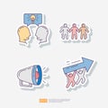 Brainstorming discussion idea, partner and teamwork, announce speaker megaphone, business arrow teamwork success. sticker icon set Royalty Free Stock Photo