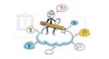 Brainstorming Stickman Sitting on Cloud with Pencil Idea in White Background Royalty Free Stock Photo