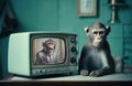 Brainwashing monkey is watching TV. Generative AI Royalty Free Stock Photo