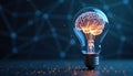 Brainwave lightbulb with human brain inside, power of thought. Neuron network, glowing frame, connection, digital, data,
