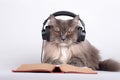 Brainy cat student learning and listen to online lesson in headphones, read a book
