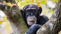 Brainy Chimpanzee Wearing Glasses in a Tree Royalty Free Stock Photo