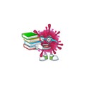 A brainy clever cartoon character of amoeba coronaviruses studying with some books
