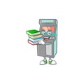 A brainy clever cartoon character of arcade game machine studying with some books