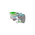 A brainy clever cartoon character of black joystick studying with some books