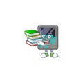 A brainy clever cartoon character of game console studying with some books