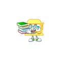 A brainy clever cartoon character of golden slot machine studying with some books
