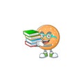 A brainy clever cartoon character of sugar cookies studying with some books