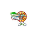 A brainy clever cartoon character of wheel fortune studying with some books