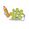 A brainy student bacterium cartoon character with pencil and glasses