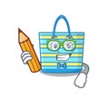 A brainy student beach bag cartoon character with pencil and glasses