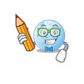 A brainy student blue moon cartoon character with pencil and glasses