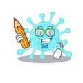 A brainy student cegacovirus cartoon character with pencil and glasses