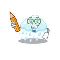 A brainy student cloudy rainy cartoon character with pencil and glasses