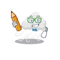 A brainy student cloudy windy cartoon character with pencil and glasses