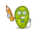 A brainy student cyanobacteria cartoon character with pencil and glasses