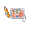 A brainy student frozen salmon cartoon character with pencil and glasses