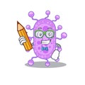 A brainy student mycobacterium cartoon character with pencil and glasses