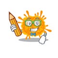 A brainy student nobecovirus cartoon character with pencil and glasses