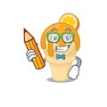 A brainy student orange ice cream cartoon character with pencil and glasses Royalty Free Stock Photo