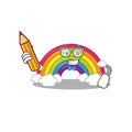 A brainy student rainbow cartoon character with pencil and glasses