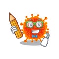 A brainy student riboviria cartoon character with pencil and glasses