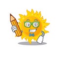 A brainy student summer sun cartoon character with pencil and glasses