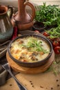 Braised beef with oven baked vegetables under cheese crust in clay bowl on wooden table Royalty Free Stock Photo