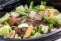 Braised beef pot roast stew with vegetables on table Royalty Free Stock Photo