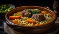 Braised beef stew with fresh vegetables, ready to eat on plate generative AI