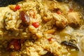 Braised eggplants with meat and rice in Israeli spices in a cast-iron high frying pan close-up.