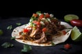 braised pork carnitas with pico de gallo on a flour tortilla