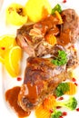 Braised rabbit meat with potato dumplings and vegetables Royalty Free Stock Photo