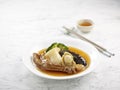 Braised Sliced Abalone with Conpoy, Goose Web, Sea Cucumber and Fish Maw in Brown Sauce served in a dish side view on grey