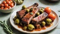 braised smoked grilled ribs with tomatoes, green olives, sauce,onion, for a Mediterranean inspired meal