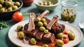 braised smoked grilled ribs with tomatoes, green olives, sauce,onion, for a Mediterranean inspired meal