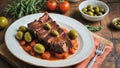 braised smoked grilled ribs with tomatoes, green olives, sauce,onion, for a Mediterranean inspired meal