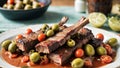 braised smoked grilled ribs with tomatoes, green olives, sauce,onion, for a Mediterranean inspired meal