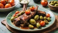 braised smoked grilled ribs with tomatoes, green olives, sauce,onion, for a Mediterranean inspired meal