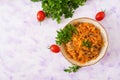 Braised stewed cabbage with mushrooms in tomato sauce. Royalty Free Stock Photo