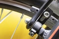 Brake on a bicycle wheel. Sports bike design element. Spot and technology. Close-up. Leisure. Royalty Free Stock Photo