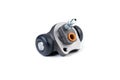 Brake cylinder, drum brake system on white background. Auto parts brake systems of drum type