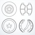 Brake disc, brake drum and brake pads. Brake parts icons