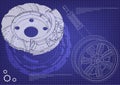 Brake disk and wheel with shock absorber on a blue