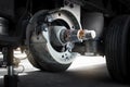 Brake pads of a truck trailer for repairing to change. Royalty Free Stock Photo