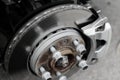 Brake service inspection. Damaged brake disc and pads on classic vehicle