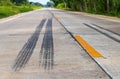 Brake traces of truck wheels on concrete roads. Royalty Free Stock Photo