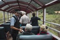 Brakeman takes tickes on Durango and Silverton Narrow Gauge Railroad featuring Steam Engine Train ride, Colorado, USA Royalty Free Stock Photo